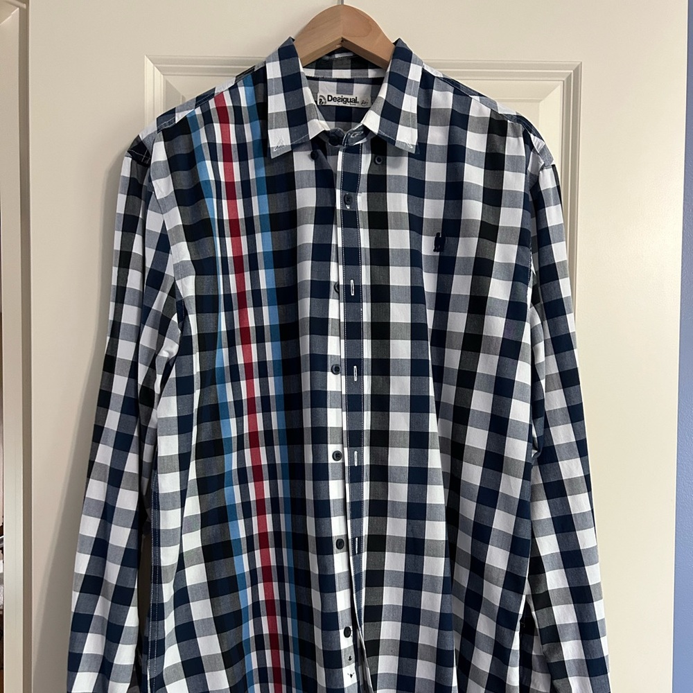 Desigual Men's Blue White Black Checked Dress Shirt with Red Accent